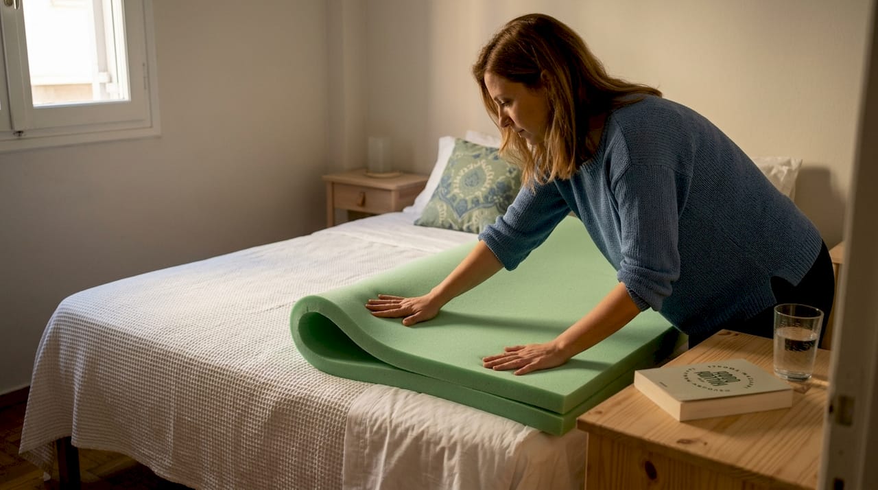 Μια γυναίκα στρώνει ένα αφρώδες προστατευτικό πάνω στο κρεβάτι της, για να κάνει τον ύπνο της πιο άνετο.